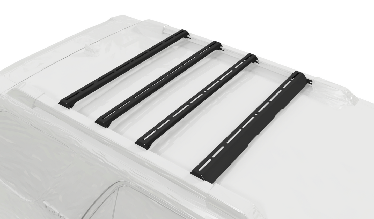 Top-down view of a white 4Runner with the Ruggedized Crossbar Kit - 5th Gen 4Runner installed on factory roof rails for dependable roof storage.