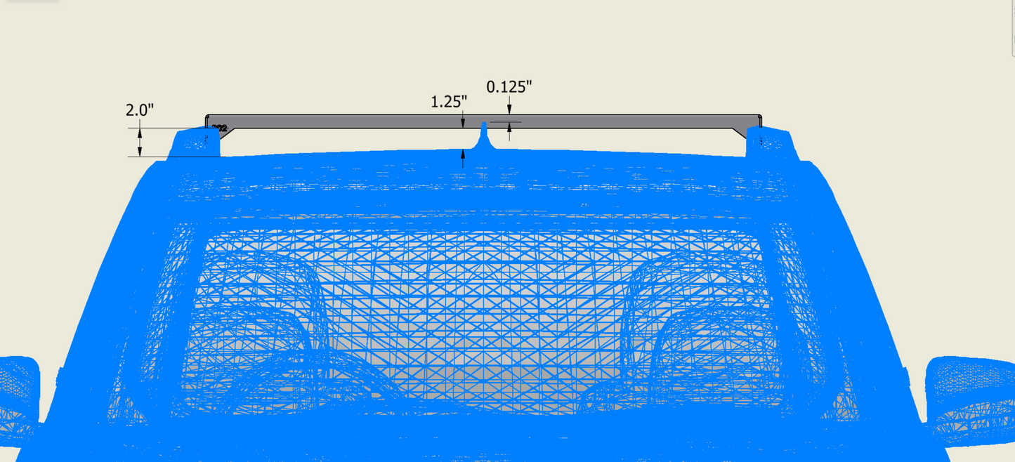 A CAD drawing shows a blue wireframe 5th Gen 4Runner with a gray Ruggedized Crossbar Kit. Black arrows mark dimensions: 2.0 height, 1.25 center gap, and 0.125 thickness—an ideal upgrade for your roof storage needs.