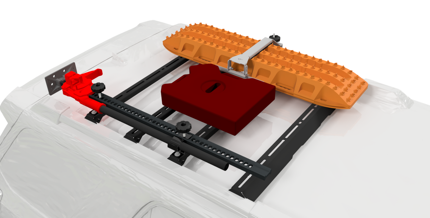 A black Ruggedized Crossbar Kit - 5th Gen 4Runner on a white vehicle secures an orange traction board, red hi-lift jack, black mounting rail, and red fuel canister.