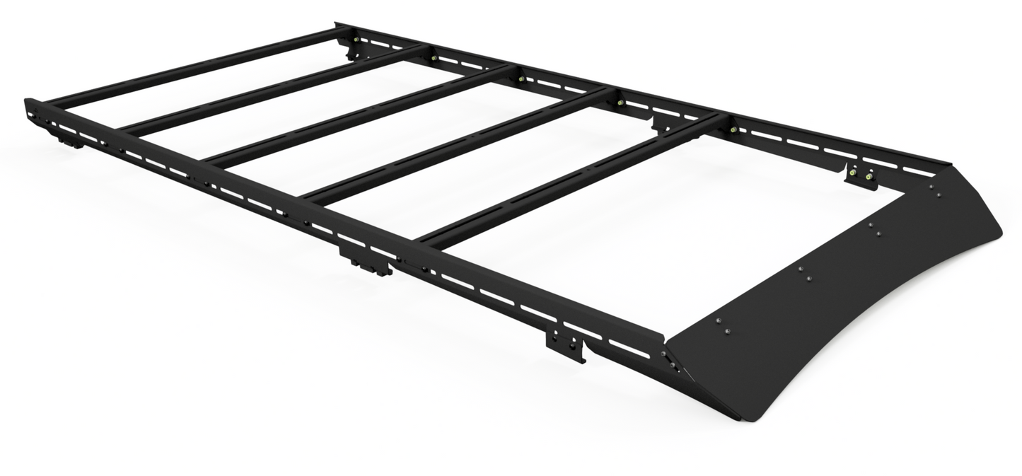 The Ruggedized Low Profile Full Rack for 5th Gen 4Runner is a black modular roof rack with a rectangular frame, heavy-duty crossbars, and a slanted wind fairing at one end, shown on a white background.