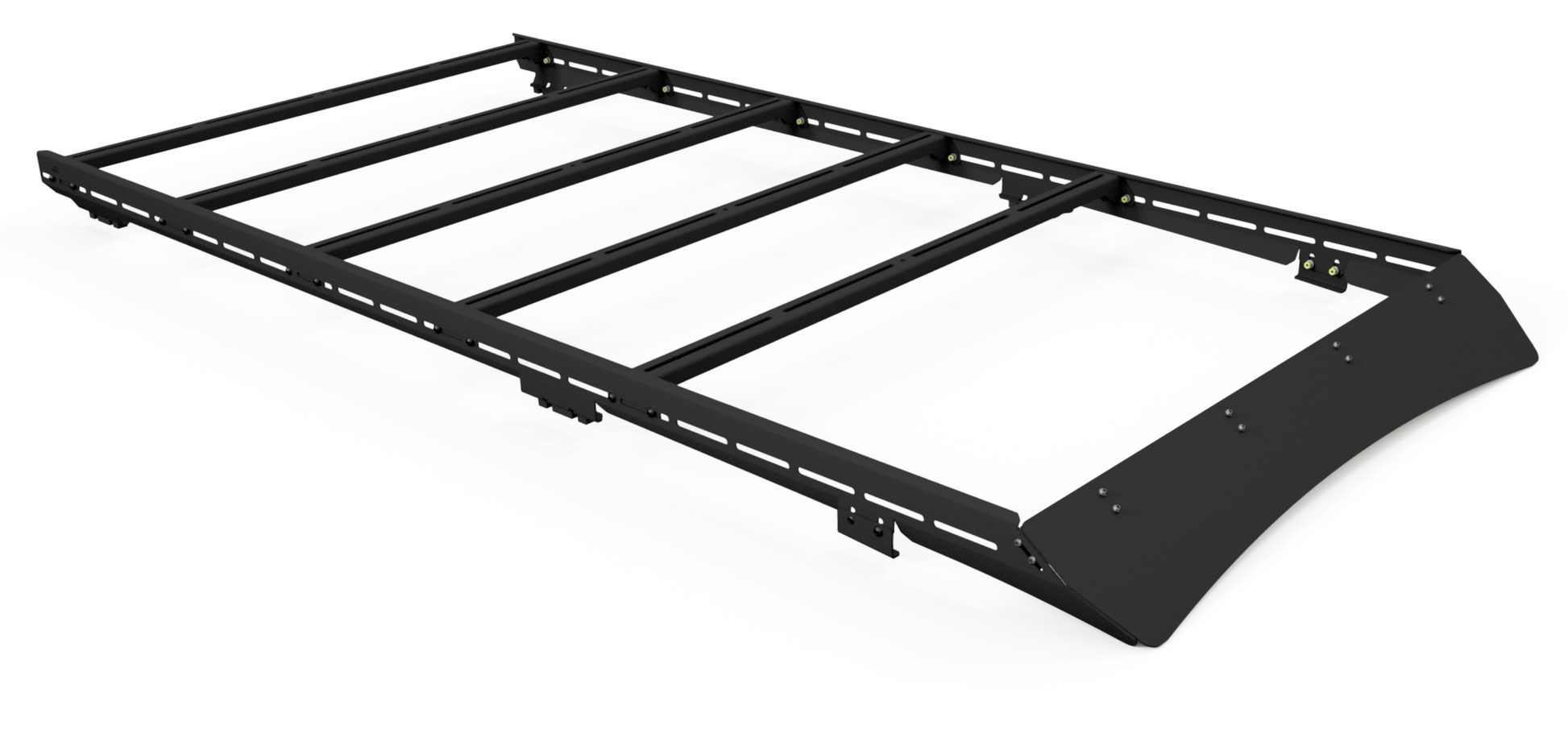 The Ruggedized Low Profile Full Rack for 5th Gen 4Runner is a black modular roof rack with a rectangular frame, heavy-duty crossbars, and a slanted wind fairing at one end, shown on a white background.
