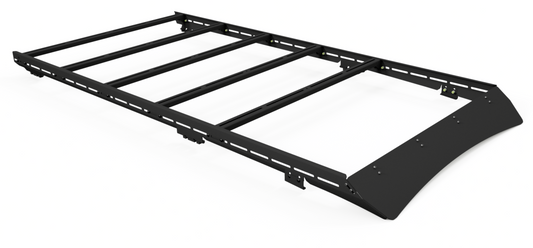 The Ruggedized Low Profile Full Rack for 5th Gen 4Runner is a black modular roof rack with a rectangular frame, heavy-duty crossbars, and a slanted wind fairing at one end, shown on a white background.