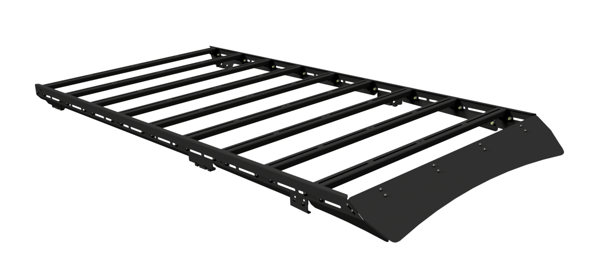 The Ruggedized Low Profile Full Rack for 5th Gen 4Runner is a black modular roof rack system featuring heavy-duty crossbars and a curved wind deflector, designed for mounting on your vehicle’s roof.