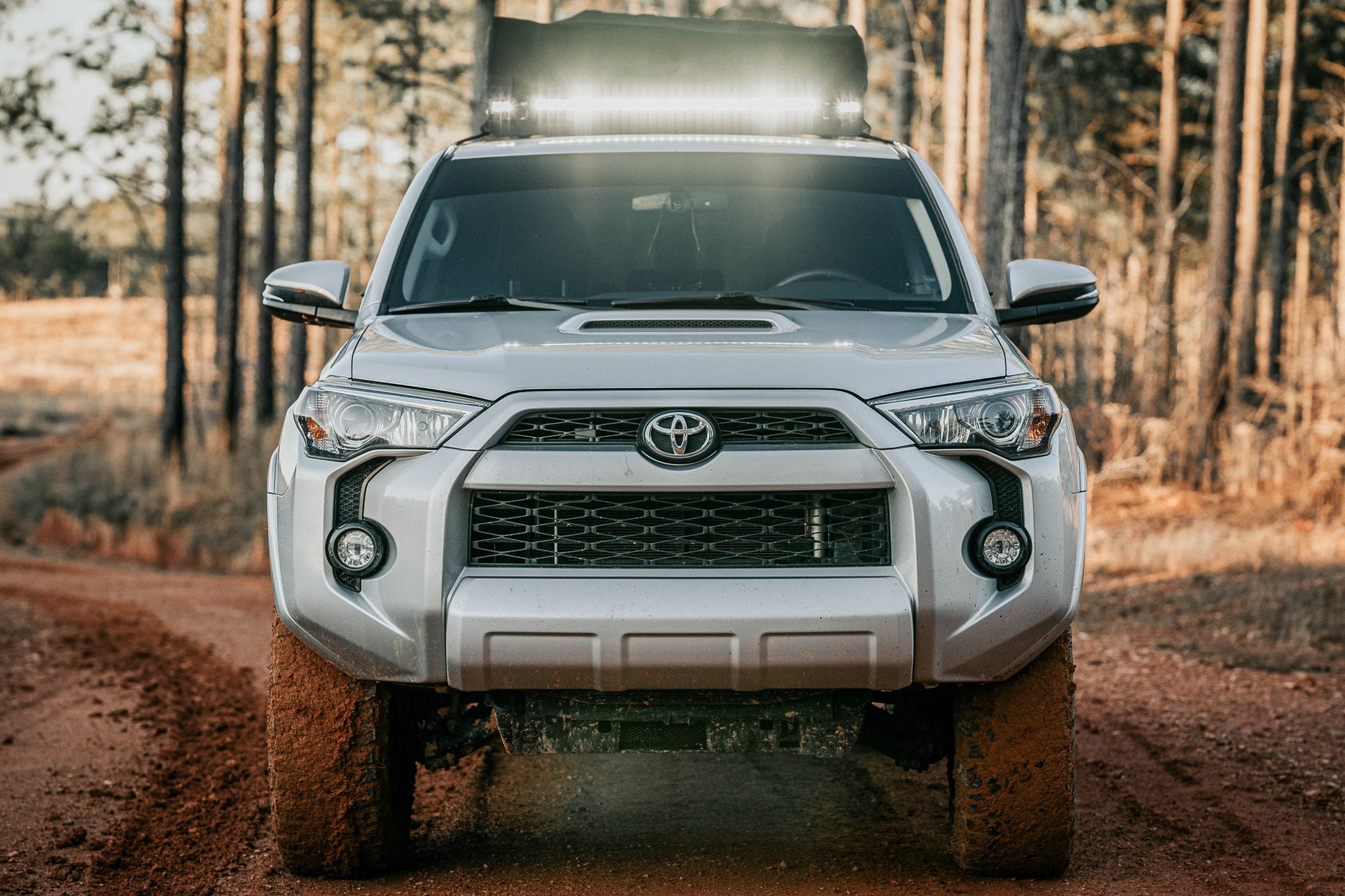 A silver Toyota 5th Gen 4Runner with muddy tires is parked on a dirt road amid trees, showcasing a 7/8 Roof Rack - 5th Gen 4Runner with bright LED lights. Photographed from the front, it looks ready for adventure.