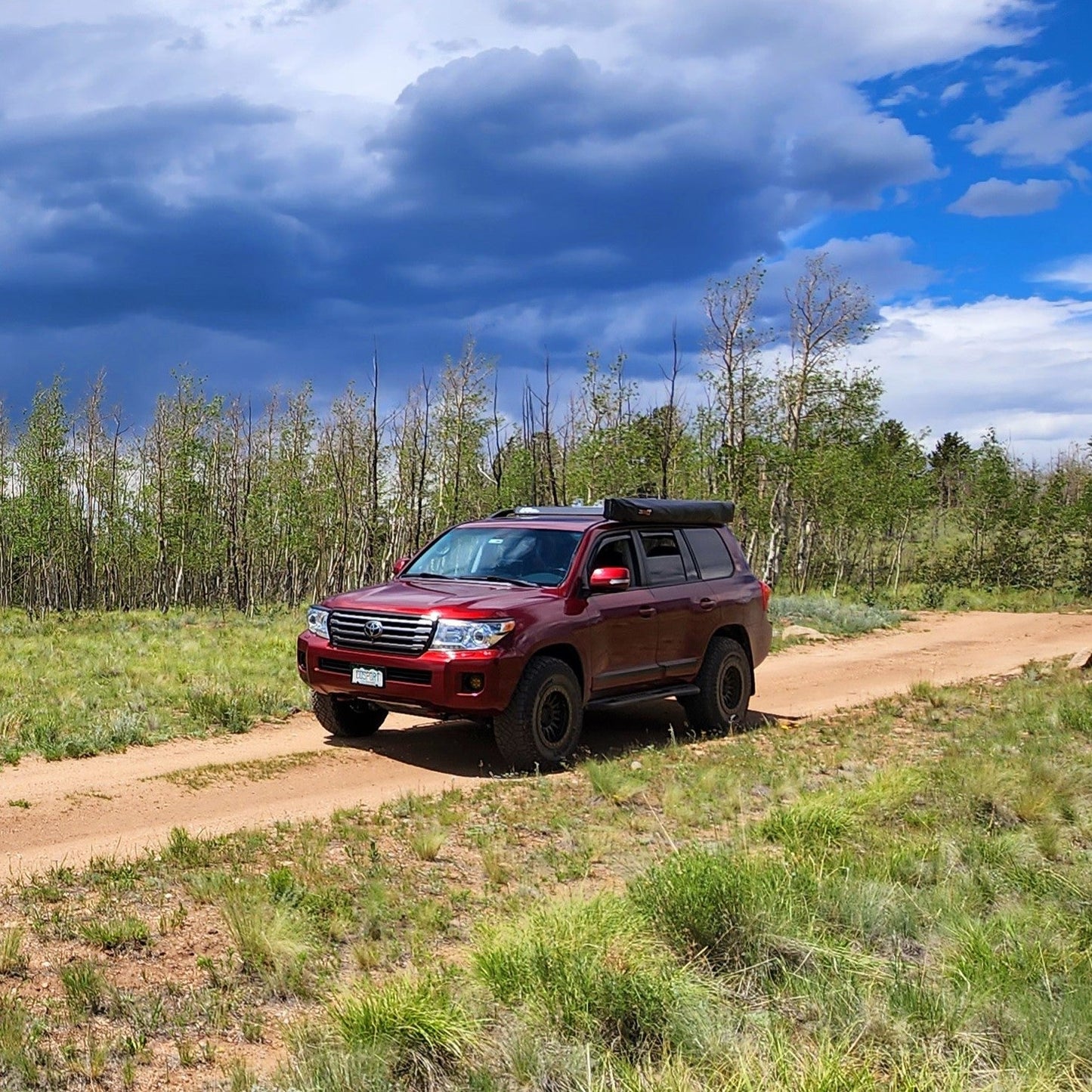 A Land Cruiser 200 with off-road tires, roof rails, and a Ruggedized Crossbar Kit - Land Cruiser 200 is parked on a dirt road in a grassy field beneath green trees and a partly cloudy blue sky.