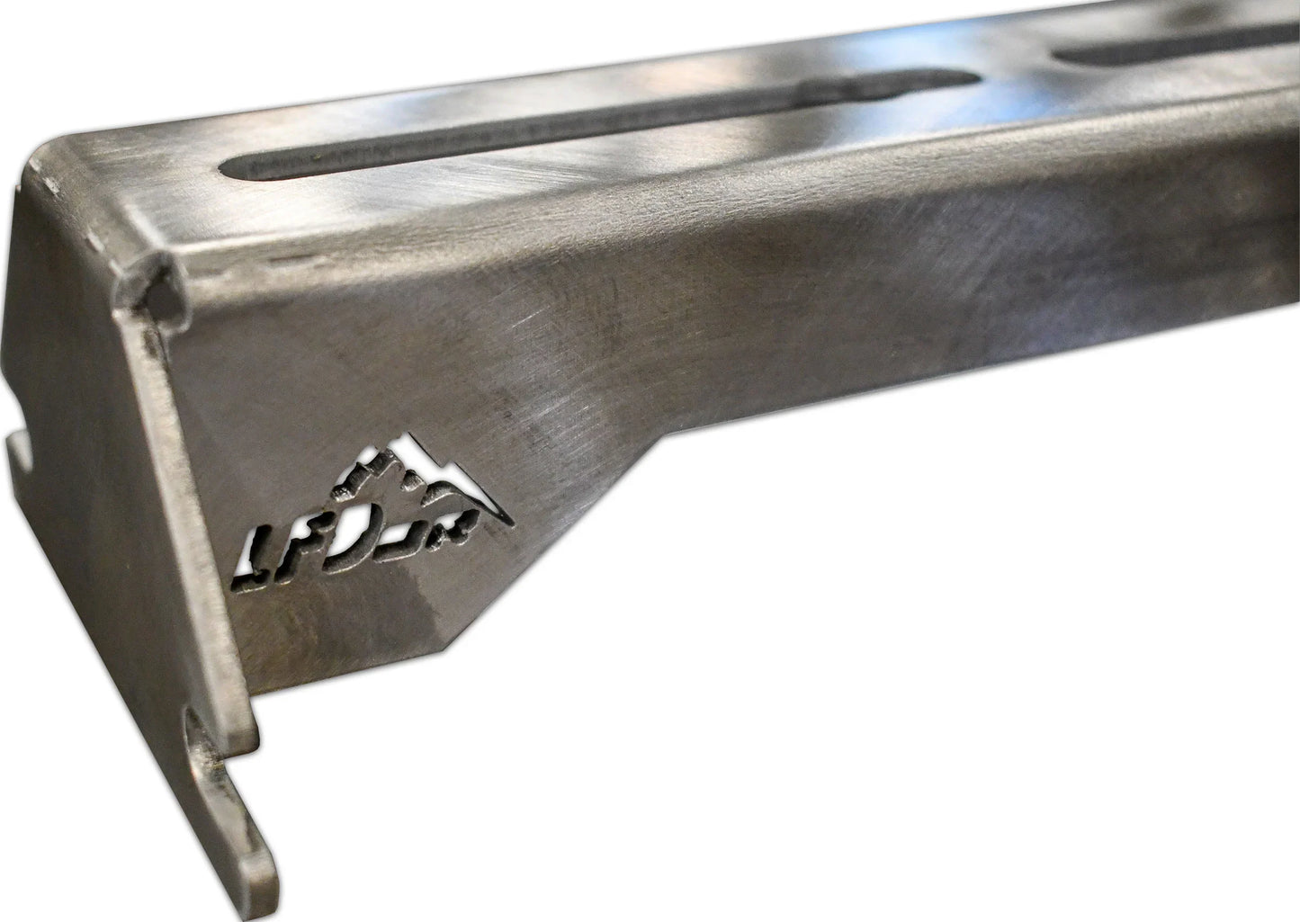 Close-up of a metallic bracket with a mountain cutout and "LFD" logo, designed for the 7/8 Roof Rack - 250 Series Land Cruiser (2024+). Features rugged construction, smooth finish, top slot, and perfect fit for your vehicle’s roof rack.