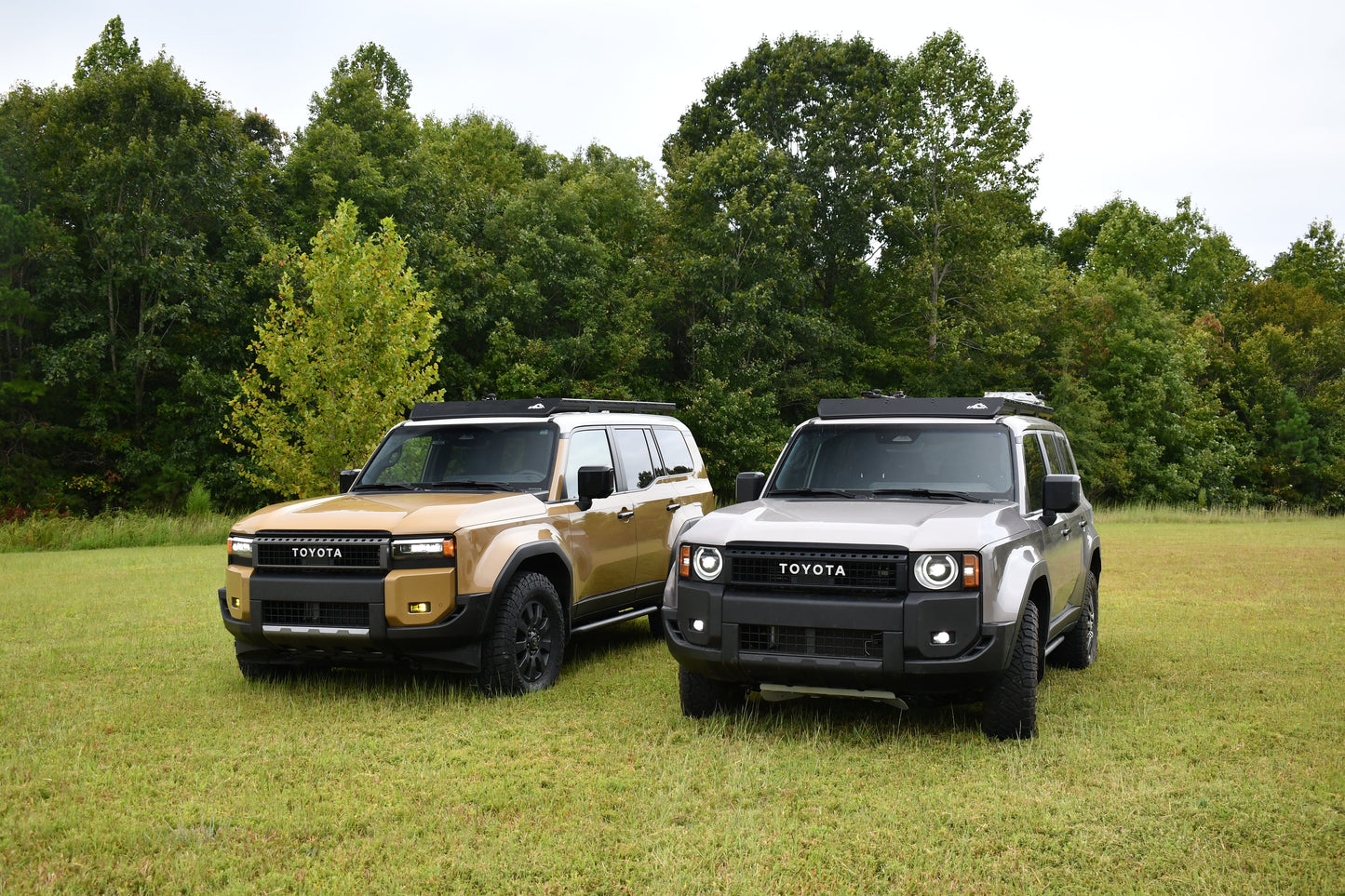 Two 2024+ Toyota Land Cruiser 250 Series SUVs, one gold and one silver, are parked on grass with green trees behind them, both equipped with Ruggedized Aluminum Low Profile Racks for enhanced utility under a cloudy sky.