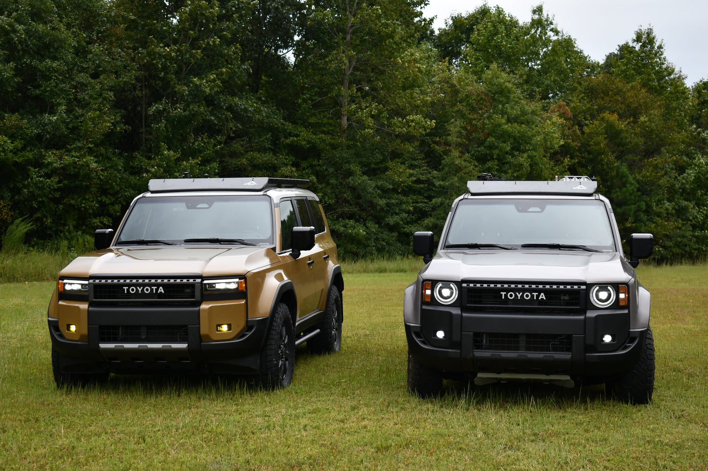 Two Toyota SUVs, gold and silver, are parked side by side on grass with trees in the background. Each features a rugged design, prominent grille, and a Ruggedized Aluminum Low Profile Rack - 250 Series Land Cruiser (2024+) on the roof.