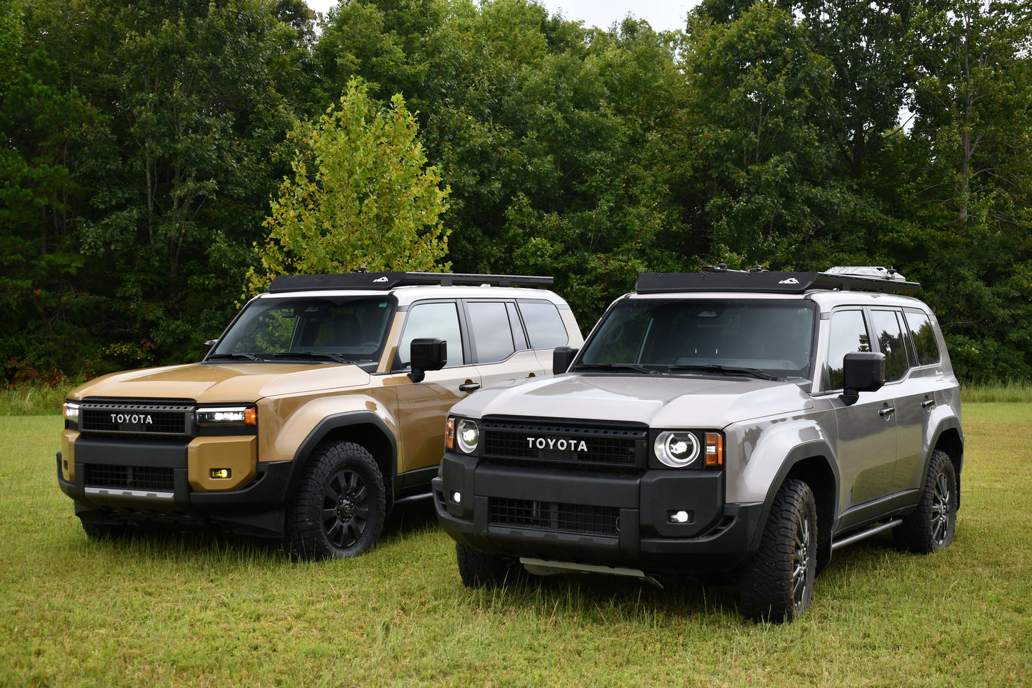 Two Toyota SUVs, gold and silver, are parked side by side on grass with trees behind them. Both feature rugged styling, black trim, and Ruggedized Aluminum Low Profile Racks for the 2024+ 250 Series Land Cruiser with modular crossbars.