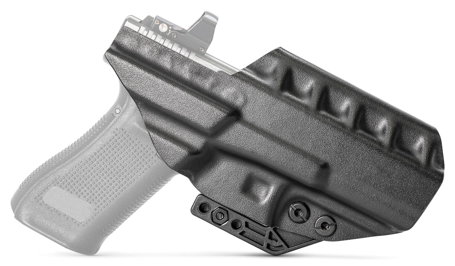 The Glock 17 IWB Holster | RIDGE IWB, shown in black polymer on a semi-transparent handgun, features a textured surface and secure mounting hardware for comfortable concealed carry.