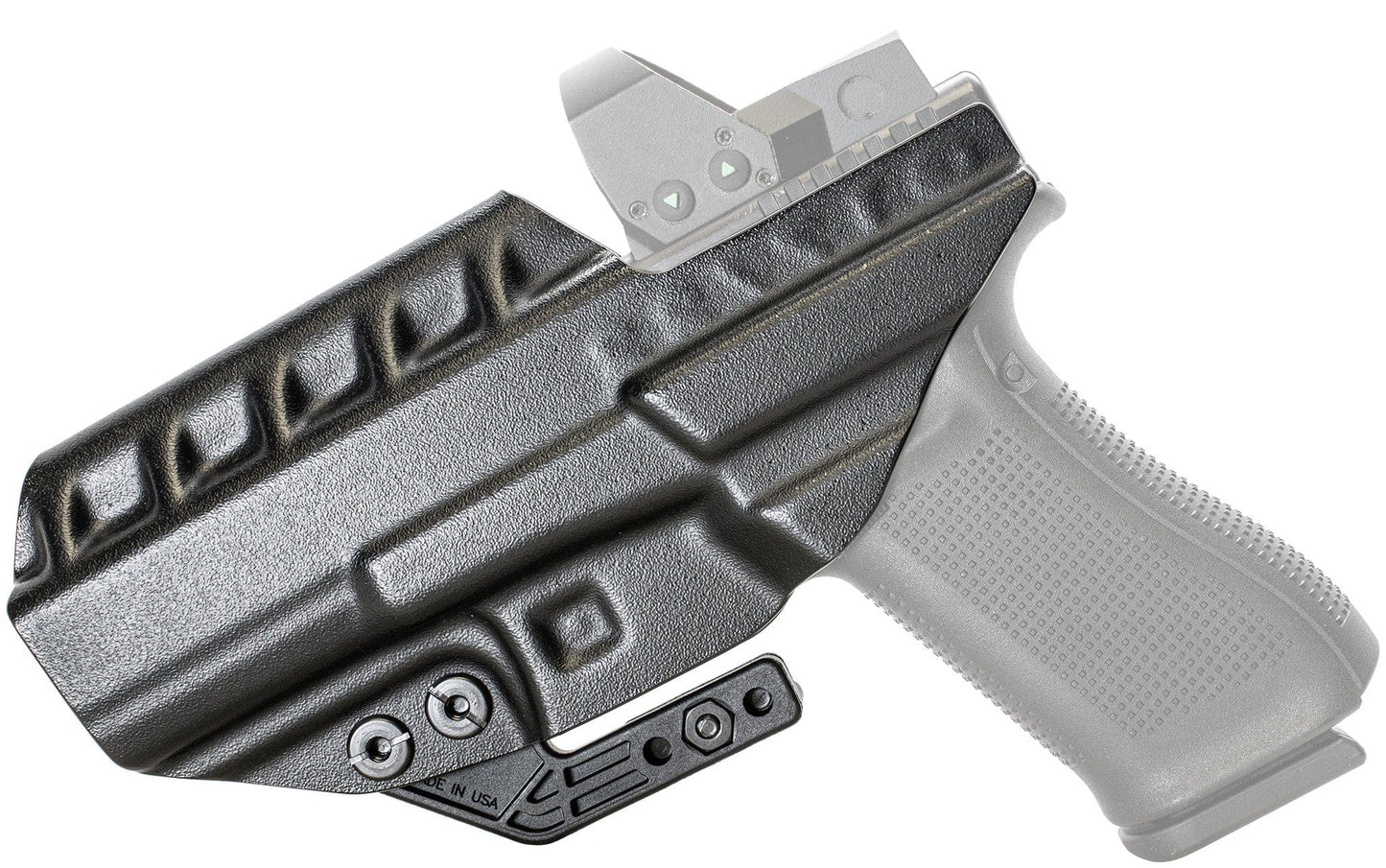A Glock 17 with a visible optic is partially covered by the RIDGE IWB holster, showing the grip, trigger guard, and textured black Kydex surface for secure concealed carry.