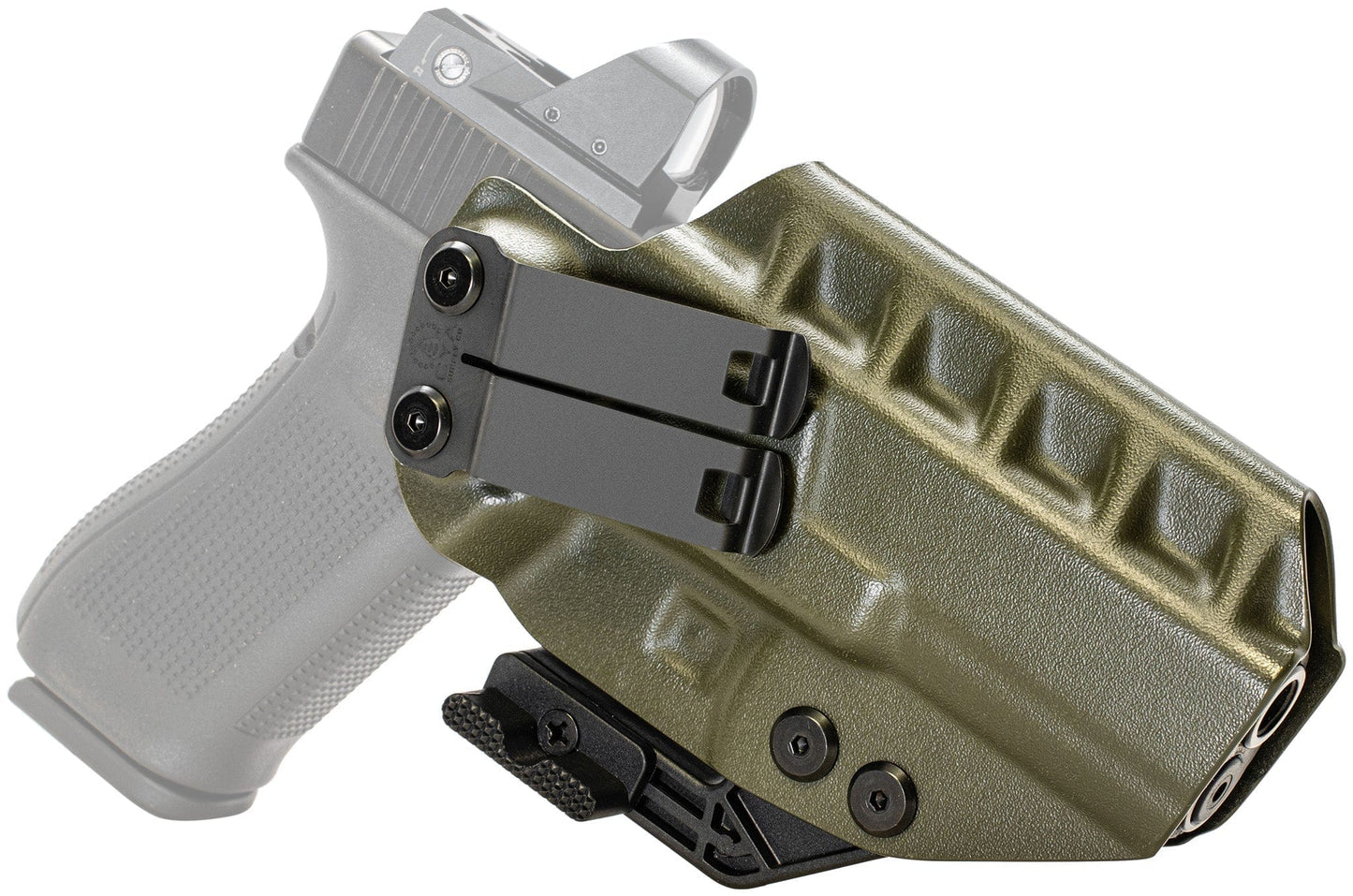 The Glock 17 IWB Holster | RIDGE IWB is shown with adjustable clips on a partially transparent handgun, showcasing its design, texture, retention system, and features for concealed carry.