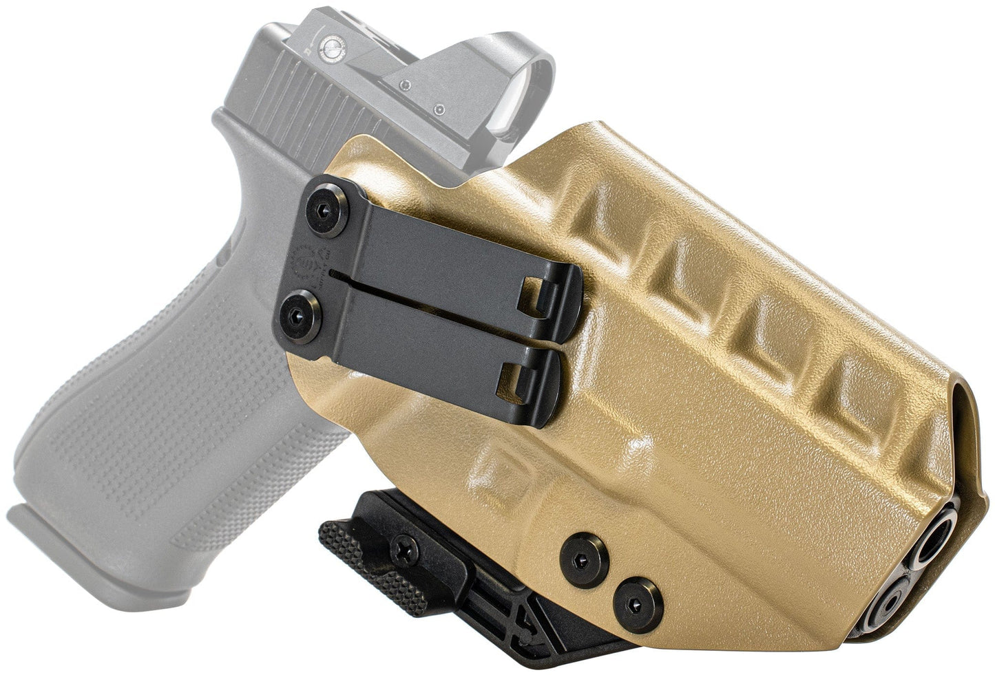The Glock 17 IWB Holster | RIDGE IWB is a gold-colored polymer concealment holster with a black metal belt clip, shown partially covering a gray semi-automatic handgun for illustration.