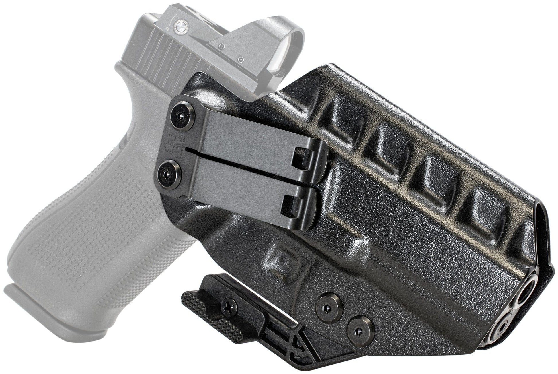 The Glock 17 IWB Holster | RIDGE IWB is a black polymer, optics-compatible inside waistband holster with visible clip and retention screws, designed for secure concealed carry—shown in a close-up side view holding a transparent handgun.