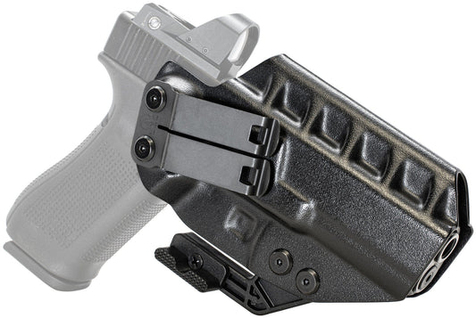 The Glock 17 IWB Holster | RIDGE IWB is a black polymer, optics-compatible inside waistband holster with visible clip and retention screws, designed for secure concealed carry—shown in a close-up side view holding a transparent handgun.