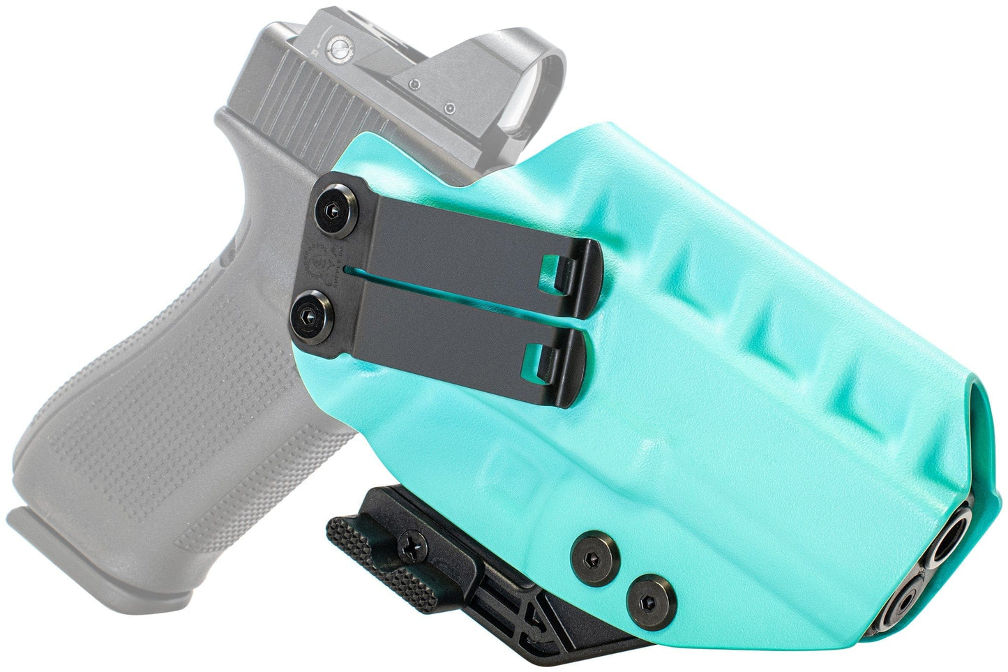 The Glock 17 IWB Holster | RIDGE IWB is a turquoise concealed carry holster with a visible metal clip, securely holding a partially transparent handgun, shown against a white background.
