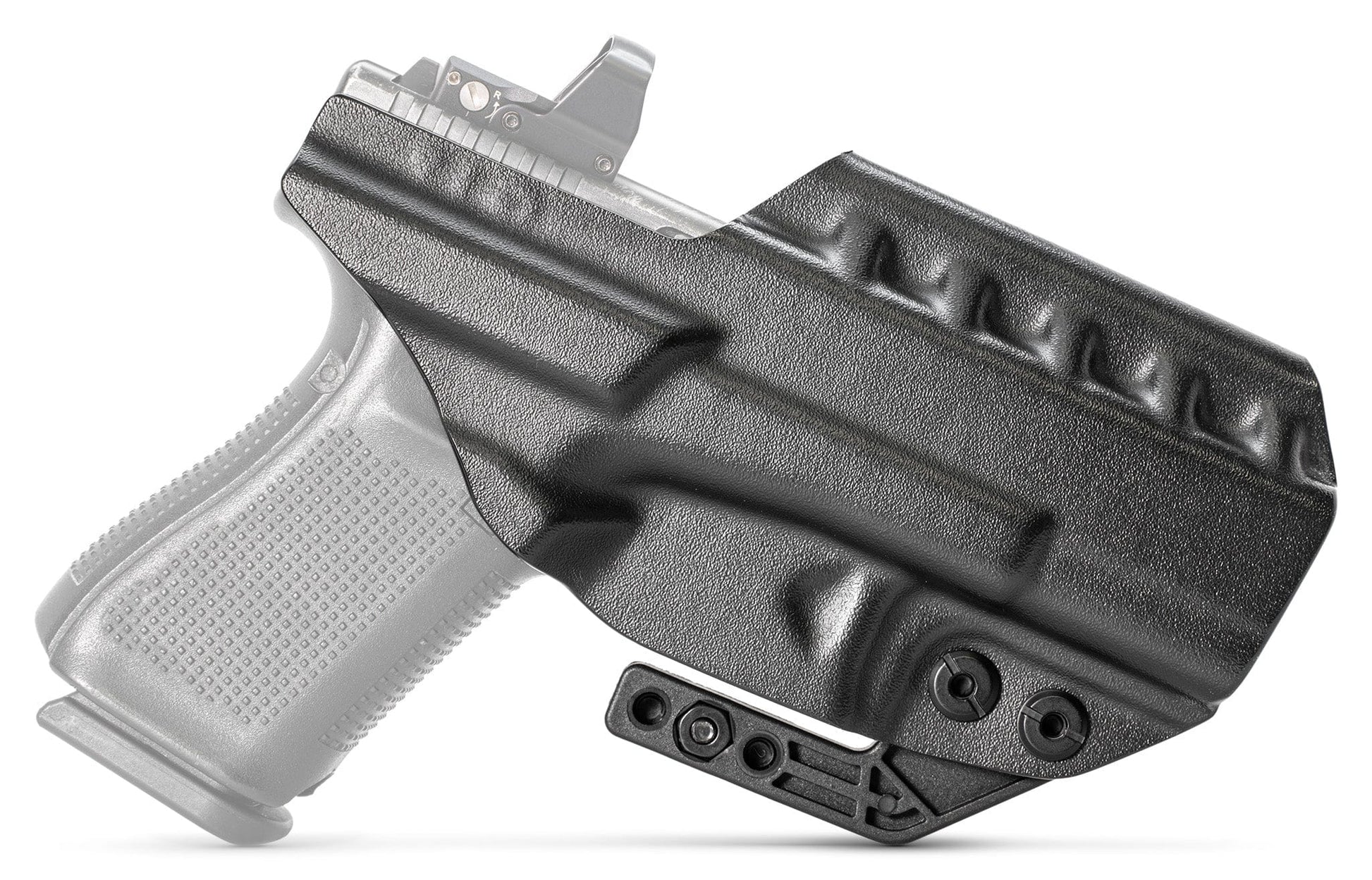 A black molded plastic RIDGE IWB Holster is shown partially covering a gray semi-automatic handgun, illustrating its fit—ideal as a Glock 23 (Gen 3-4) IWB holster.