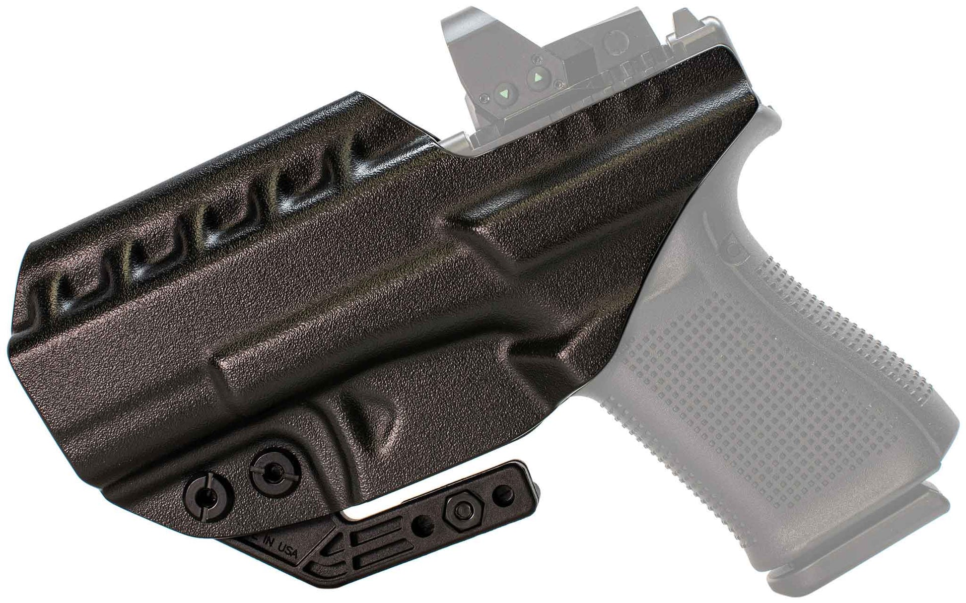 A Glock 23 (Gen 3-4) RIDGE IWB Holster in black molded polymer is shown from the side, focusing on the holster as it partially covers the grip and trigger of a semi-automatic pistol, with the gun faded in the background.