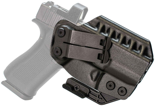 The Glock 43X IWB Holster | RIDGE IWB is a black, molded plastic holster with adjustable retention screws and a metal belt clip, perfect for concealed carry and designed specifically for the Glock 43X.