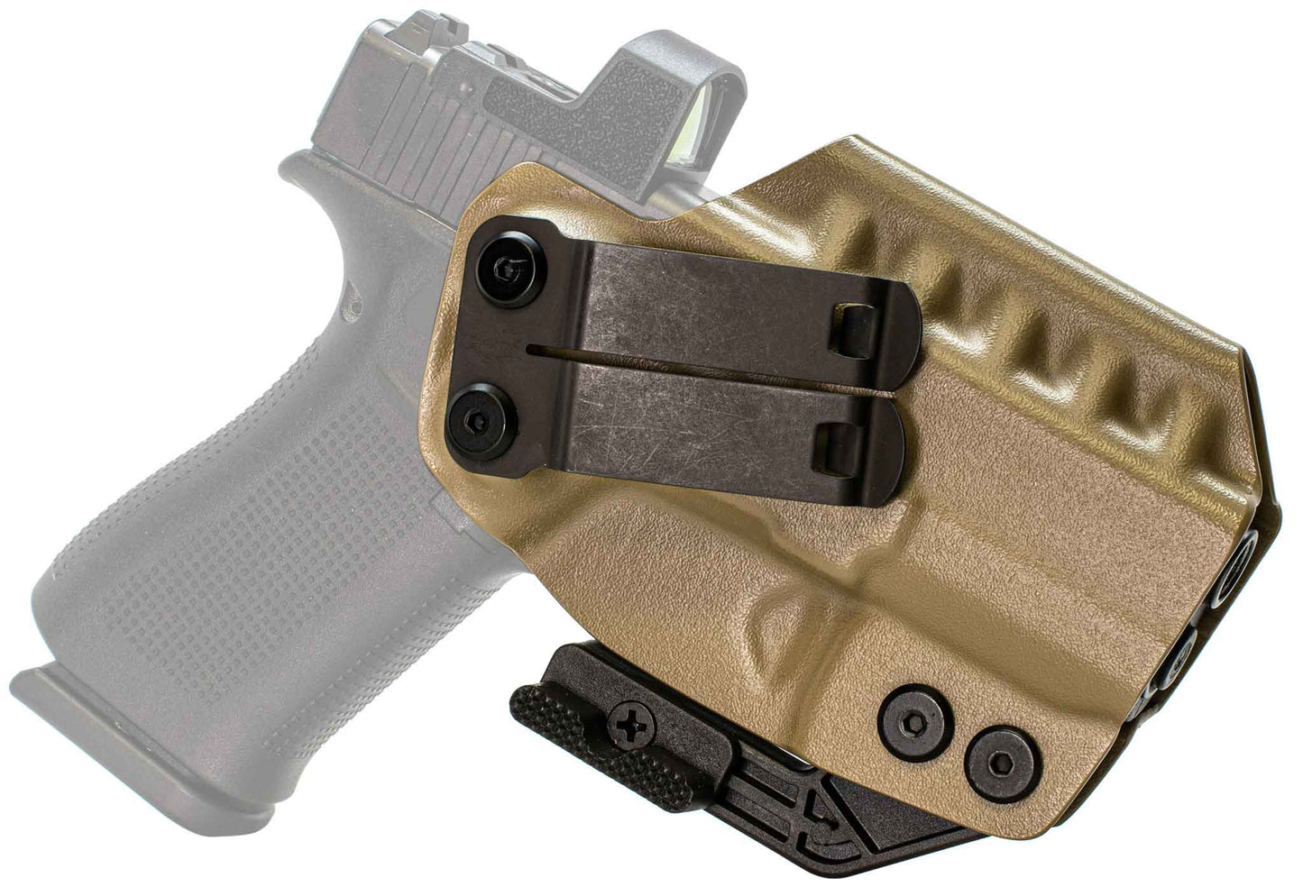 The Glock 43X IWB Holster | RIDGE IWB, a tan Kydex holster with a metal clip, is shown attached to a semi-automatic handgun with the firearm faded into the background to highlight this sleek concealed carry accessory.