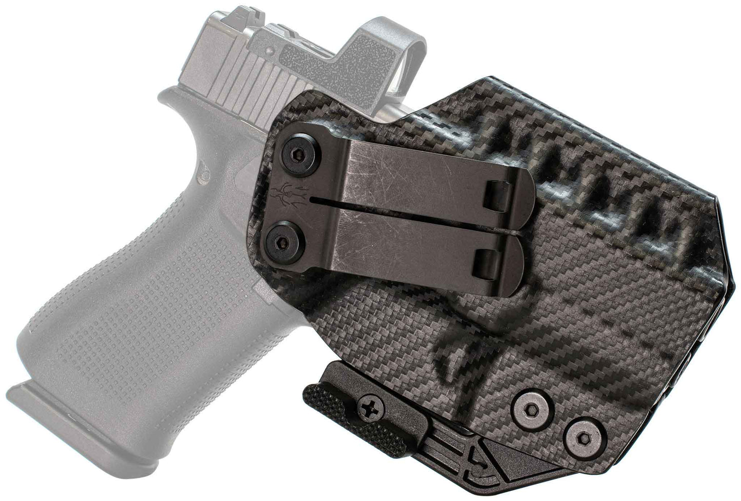 The Glock 43X IWB Holster | RIDGE IWB features a black carbon fiber pattern, dual clips, and adjustment screws, shown attached to a semi-transparent handgun—ideal for concealed carry.