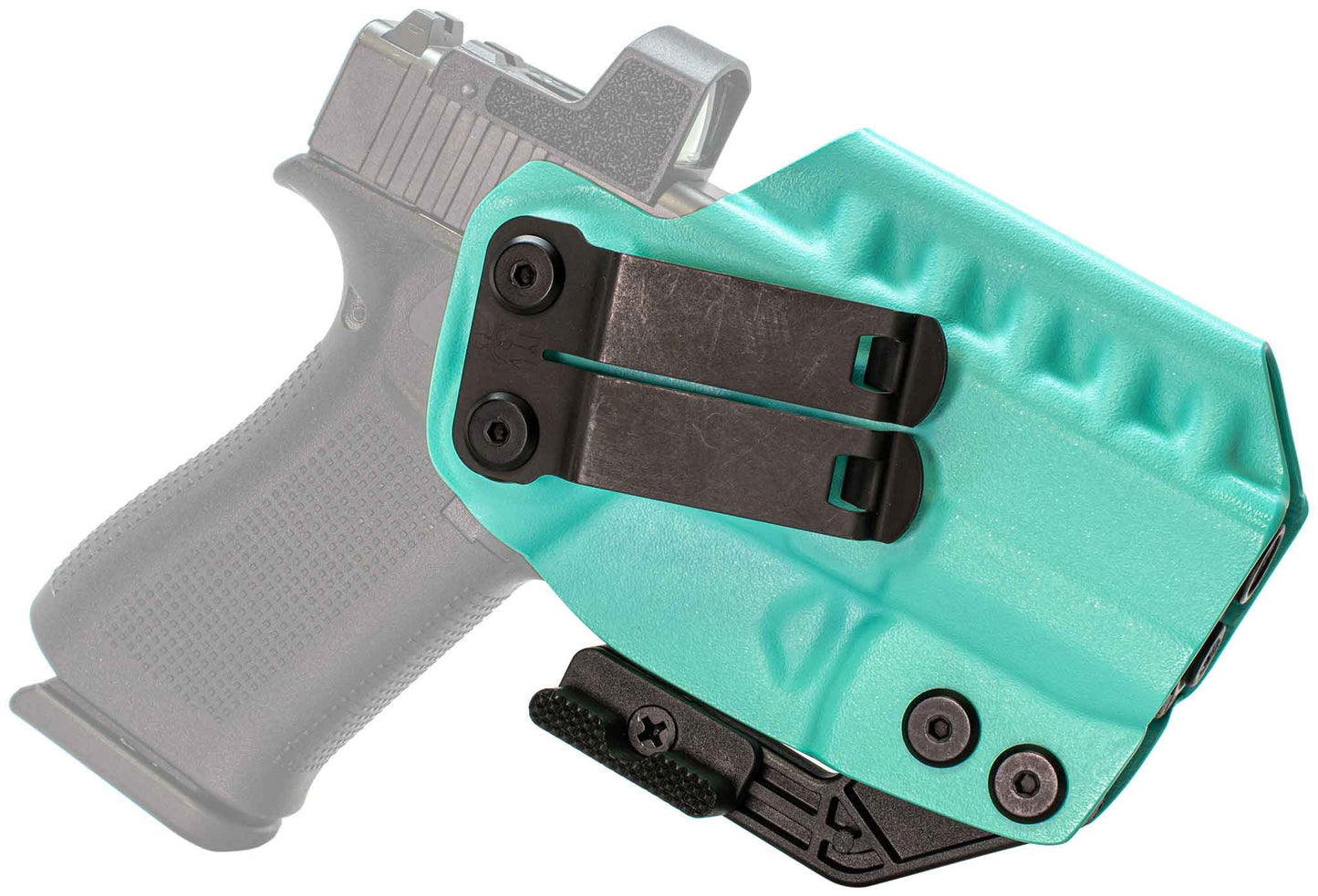 A Glock 43X IWB Holster | RIDGE IWB in teal Kydex with black metal clips is shown attached to a partially visible black handgun, the gun subtly faded in the background to highlight this top concealed carry choice.